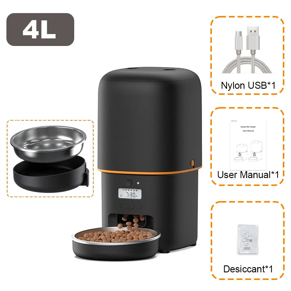 NITYERS 4L Automatic Cat Feeder, Smart Pet Food Dispenser with Key Control, Voice Recorder, Dual Power Supply, Timed Auto Dog Feeder with Stainless Steel Bowl