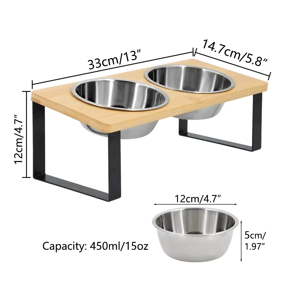 Elevated Cat Bowls 15° Tilted Raised Cat Food Bowls with Wooden Stand Anti Vomiting 2 Stainless Steel Bowls and Mat Set for Cats Puppy