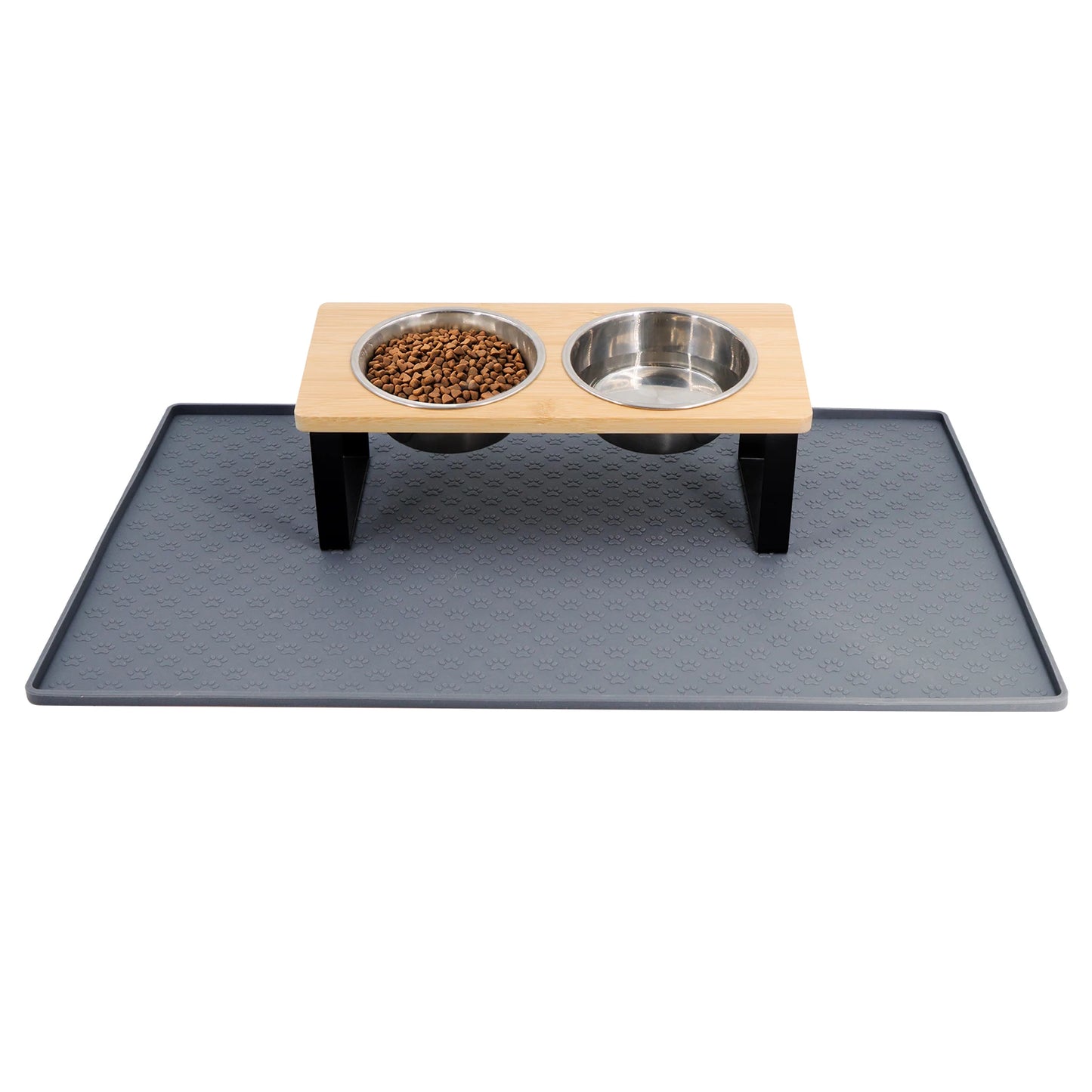 Elevated Cat Bowls 15° Tilted Raised Cat Food Bowls with Wooden Stand Anti Vomiting 2 Stainless Steel Bowls and Mat Set for Cats Puppy