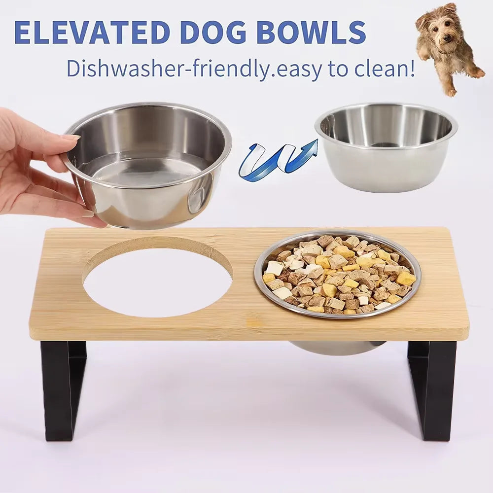 Elevated Cat Bowls 15° Tilted Raised Cat Food Bowls with Wooden Stand Anti Vomiting 2 Stainless Steel Bowls and Mat Set for Cats Puppy