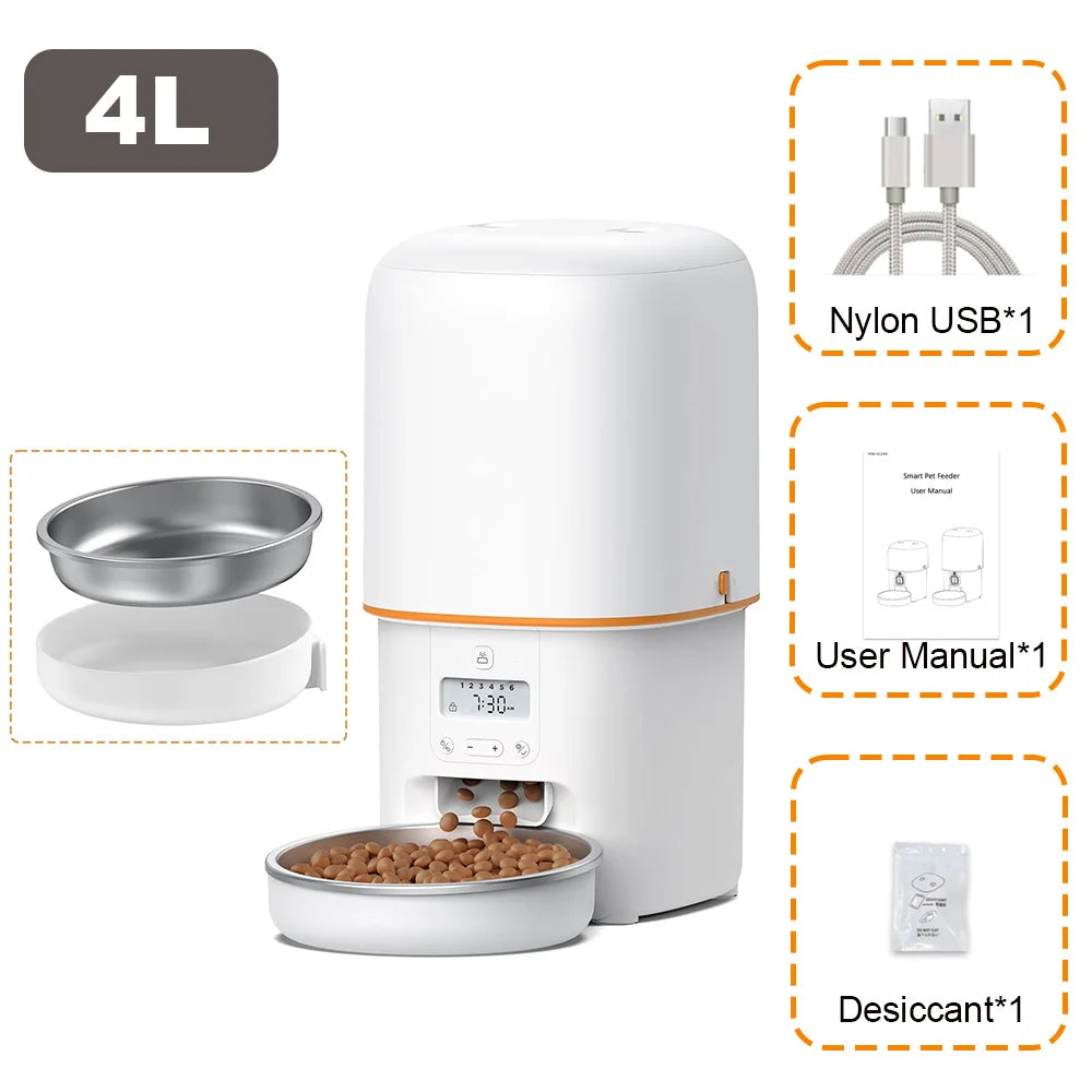 NITYERS 4L Automatic Cat Feeder, Smart Pet Food Dispenser with Key Control, Voice Recorder, Dual Power Supply, Timed Auto Dog Feeder with Stainless Steel Bowl