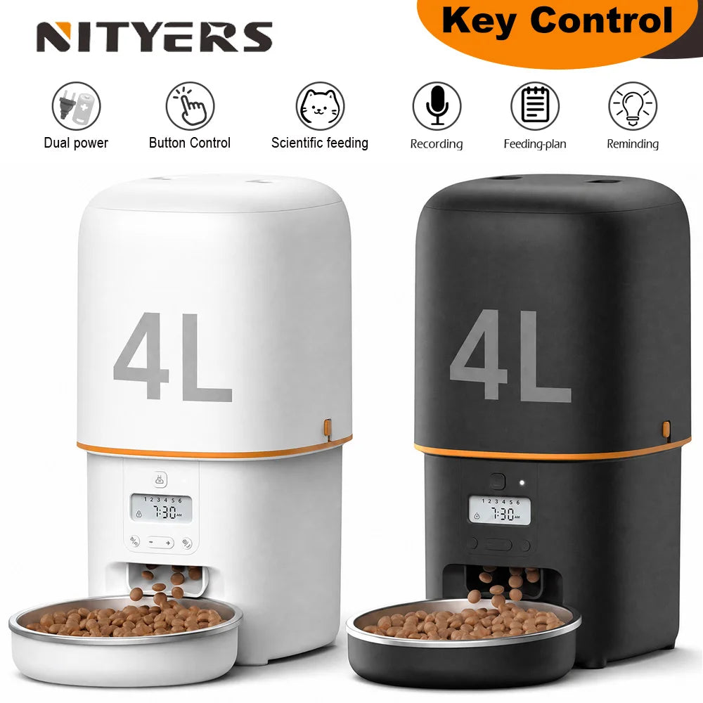 NITYERS 4L Automatic Cat Feeder, Smart Pet Food Dispenser with Key Control, Voice Recorder, Dual Power Supply, Timed Auto Dog Feeder with Stainless Steel Bowl