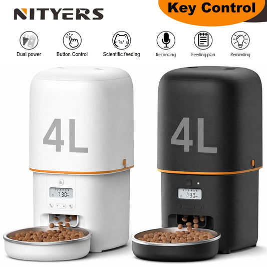 NITYERS 4L Automatic Cat Feeder, Smart Pet Food Dispenser with Key Control, Voice Recorder, Dual Power Supply, Timed Auto Dog Feeder with Stainless Steel Bowl