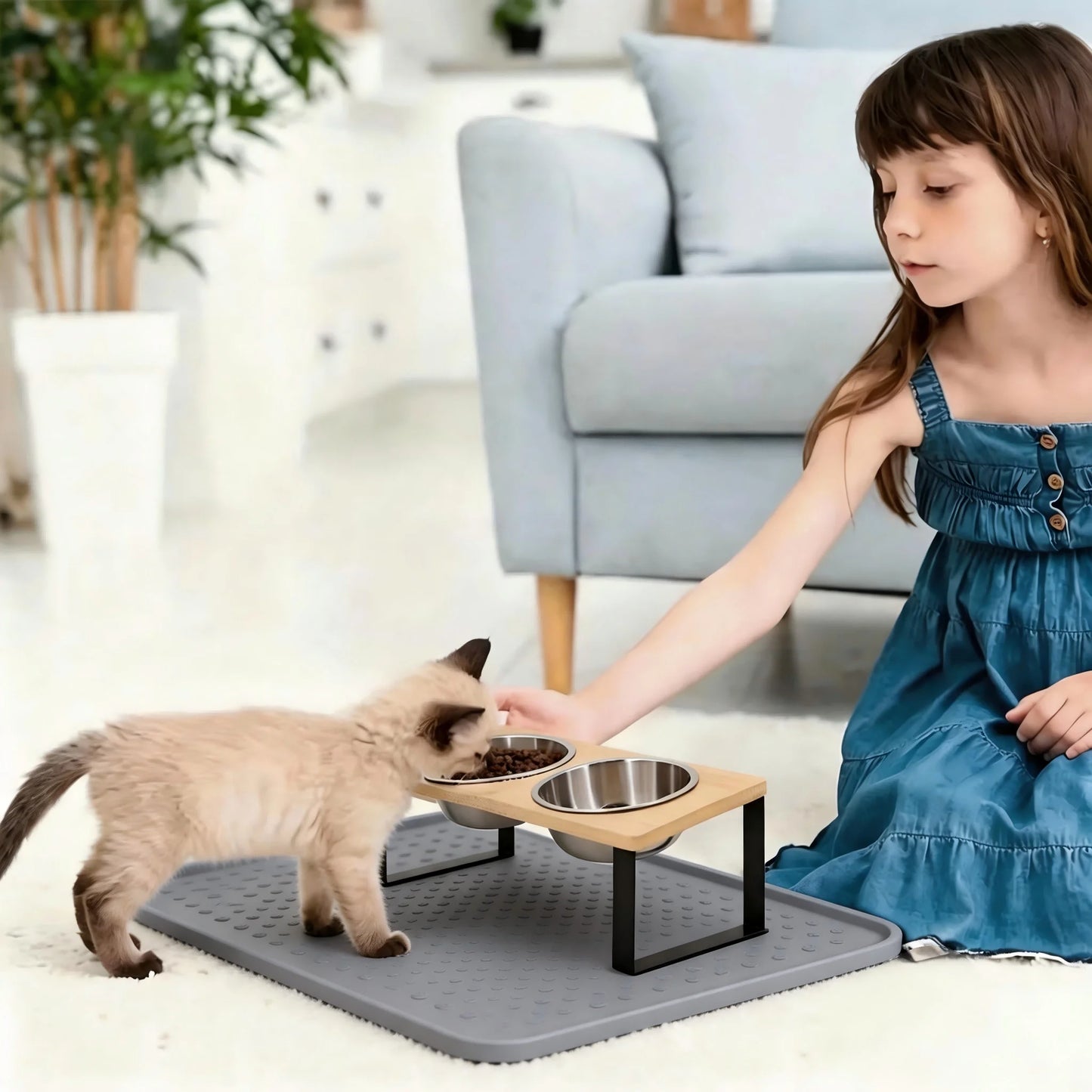 Elevated Cat Bowls 15° Tilted Raised Cat Food Bowls with Wooden Stand Anti Vomiting 2 Stainless Steel Bowls and Mat Set for Cats Puppy